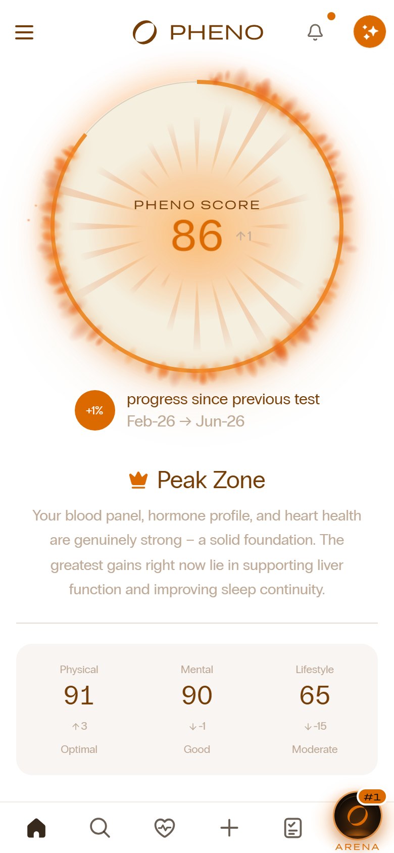 The Pheno app on a phone: Pheno Score 86
